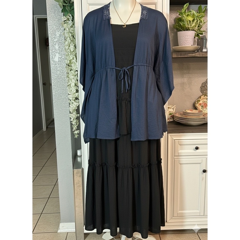 Navy Blue Kimono Cardigan XLarge Loose Flowy Front Tie Boho